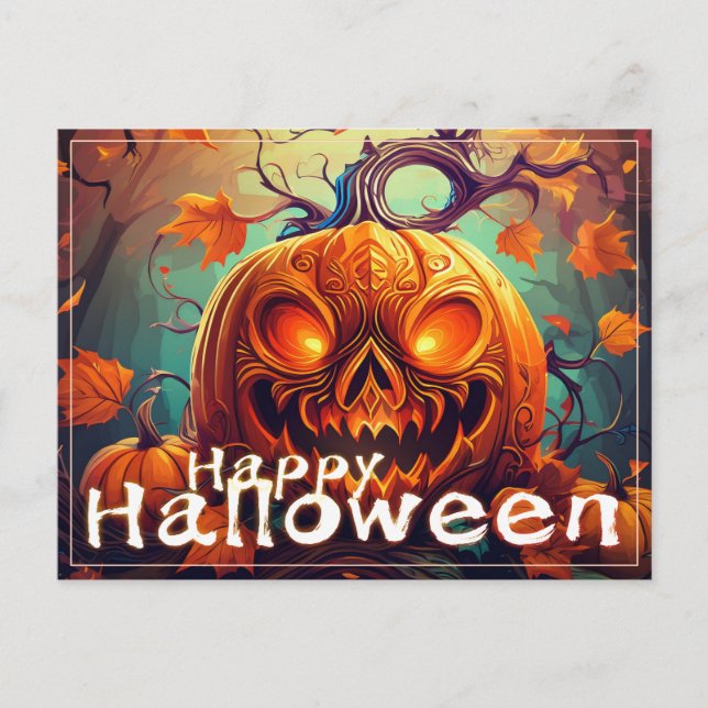 Scary Looking Orange Pumpkin with Face, Halloween Holiday Postcard (Front)