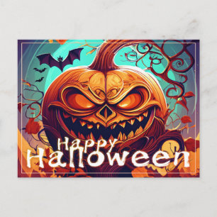 Scary Looking Orange Pumpkin with Face, Halloween Holiday Postcard