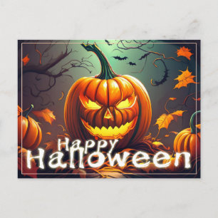 Scary Looking Orange Pumpkin with Face, Halloween Holiday Postcard