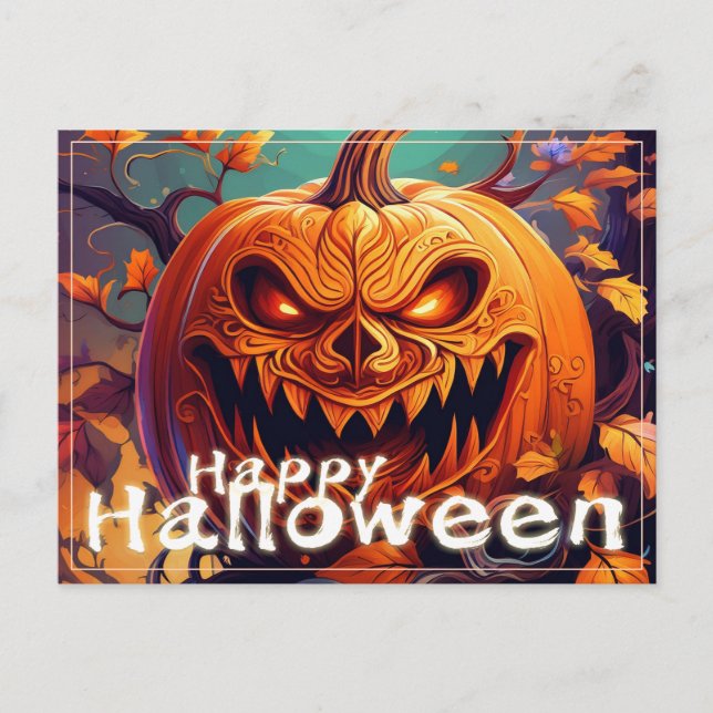 Scary Looking Orange Pumpkin with Face, Halloween Holiday Postcard (Front)
