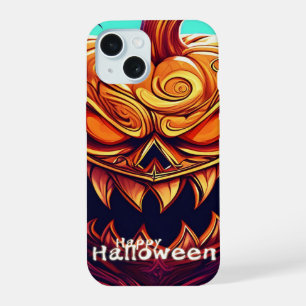 Scary Looking Orange Pumpkin with Face, Halloween iPhone 15 Case