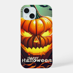 Scary Looking Orange Pumpkin with Face, Halloween iPhone 15 Case