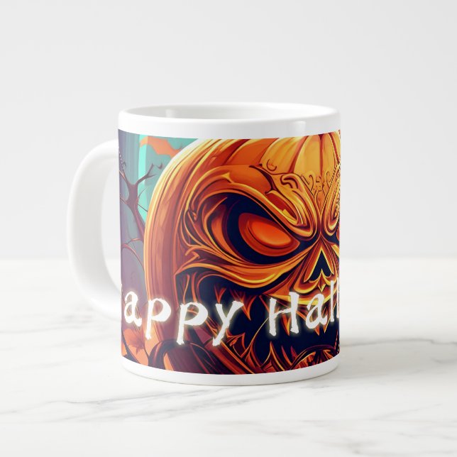 Scary Looking Orange Pumpkin with Face, Halloween  Large Coffee Mug (Front Left)