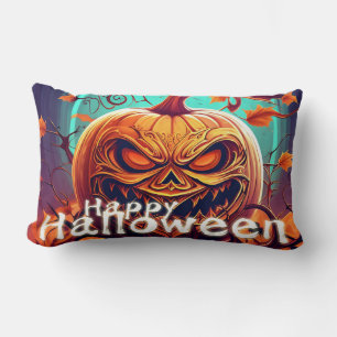 Scary Looking Orange Pumpkin with Face, Halloween Lumbar Cushion