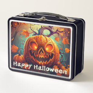 Scary Looking Orange Pumpkin with Face, Halloween Metal Lunch Box