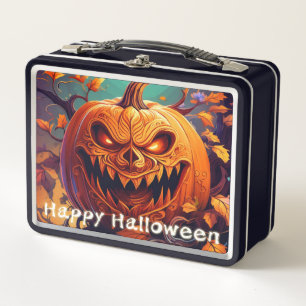 Scary Looking Orange Pumpkin with Face, Halloween Metal Lunch Box