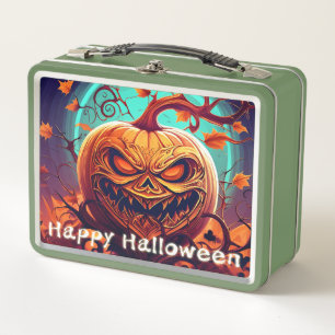 Scary Looking Orange Pumpkin with Face, Halloween Metal Lunch Box