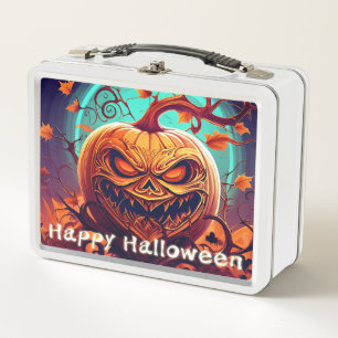 Scary Looking Orange Pumpkin with Face, Halloween Metal Lunch Box