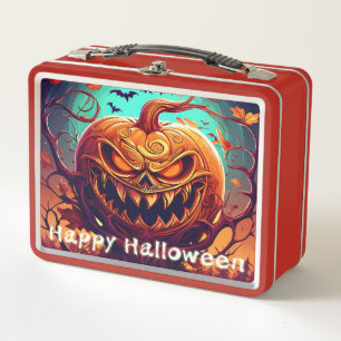 Scary Looking Orange Pumpkin with Face, Halloween Metal Lunch Box