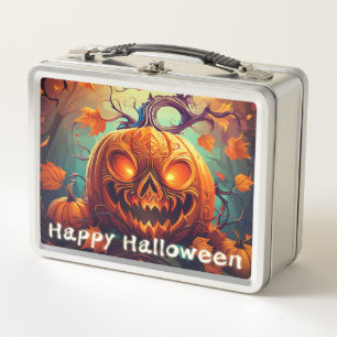Scary Looking Orange Pumpkin with Face, Halloween Metal Lunch Box