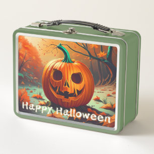 Scary Looking Orange Pumpkin with Face, Halloween Metal Lunch Box