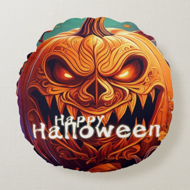 Scary Looking Orange Pumpkin with Face, Halloween Round Cushion (Front)