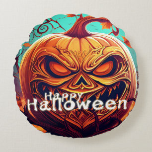 Scary Looking Orange Pumpkin with Face, Halloween Round Cushion