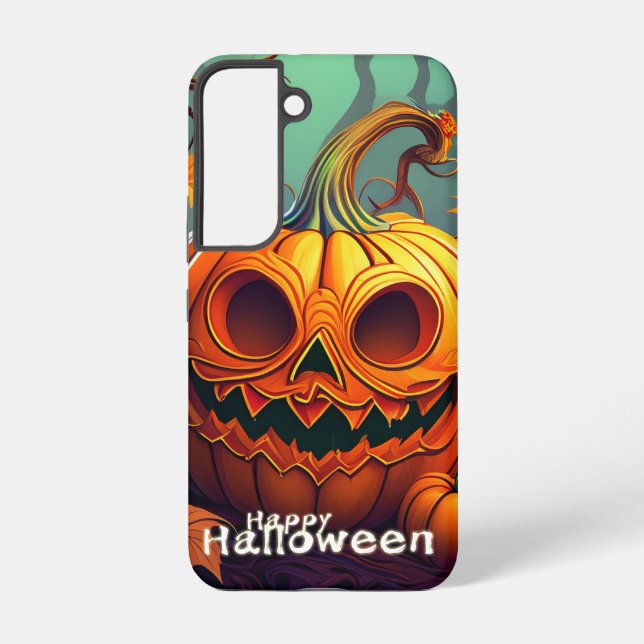 Scary Looking Orange Pumpkin with Face, Halloween Samsung Galaxy S22 Case (Back)