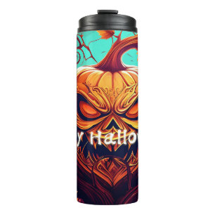 Scary Looking Orange Pumpkin with Face, Halloween  Thermal Tumbler