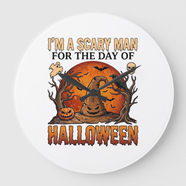 Scary Man Halloween Witch Hat Blood Moon Pumpkin_1 Large Clock (Front)