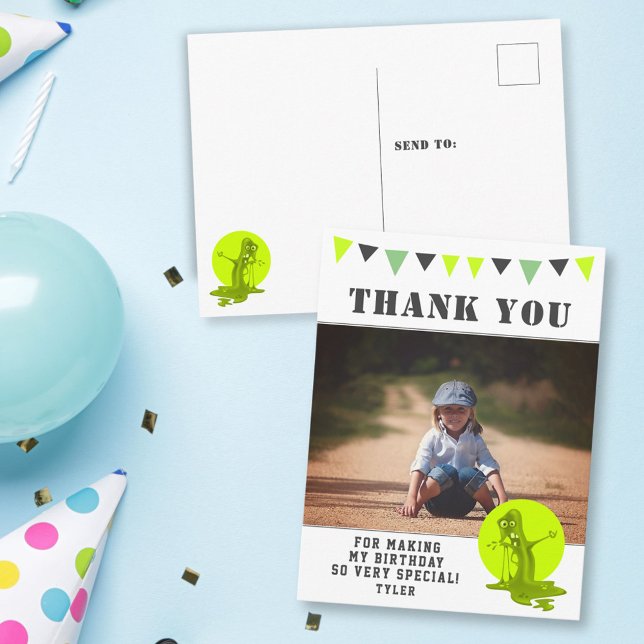 Scary Monster Green Kids Photo Birthday Thank you Postcard (Creator Uploaded)