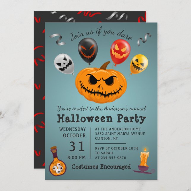 Scary Monster Pumpkin Balloon Halloween Party Invitation (Front/Back)