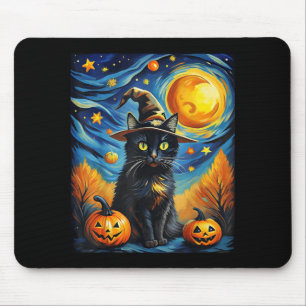 Scary Night Cat Van Gogh Halloween Witch Hat Black Mouse Pad