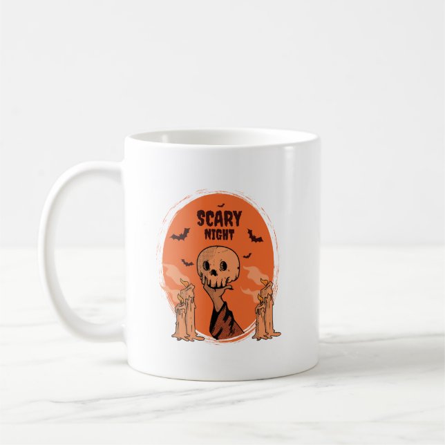 Scary Night Halloween Skull & Bat Design Coffee Mug (Left)
