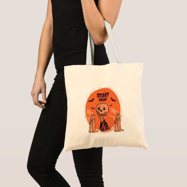 Scary Night Halloween Skull & Bat Design Tote Bag (Front (Product))