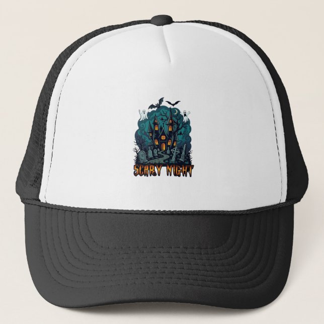 Scary Night Haunted House Ghosts Cemetery Trucker Hat (Front)