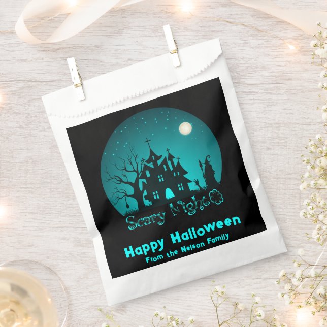 Scary Night Haunted House Green Happy Halloween Favour Bags (Clipped)