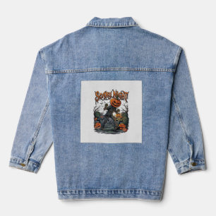 Scary Night Pumpkin Head Monster Lantern Graveyard Denim Jacket