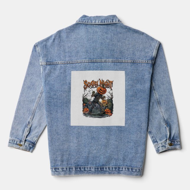 Scary Night Pumpkin Head Monster Lantern Graveyard Denim Jacket (Back)