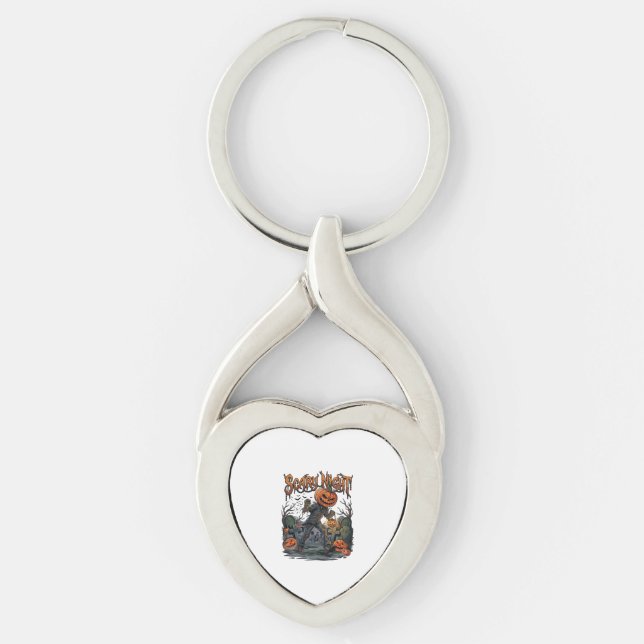 Scary Night Pumpkin Head Monster Lantern Graveyard Key Ring (Front)