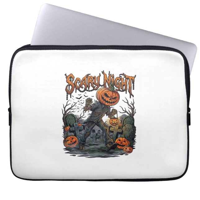 Scary Night Pumpkin Head Monster Lantern Graveyard Laptop Sleeve (Front)