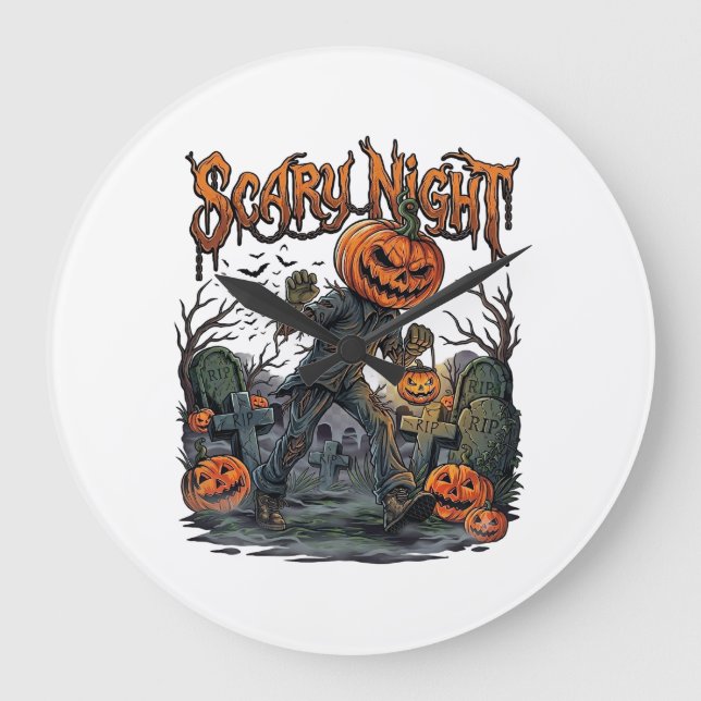 Scary Night Pumpkin Head Monster Lantern Graveyard Large Clock (Front)
