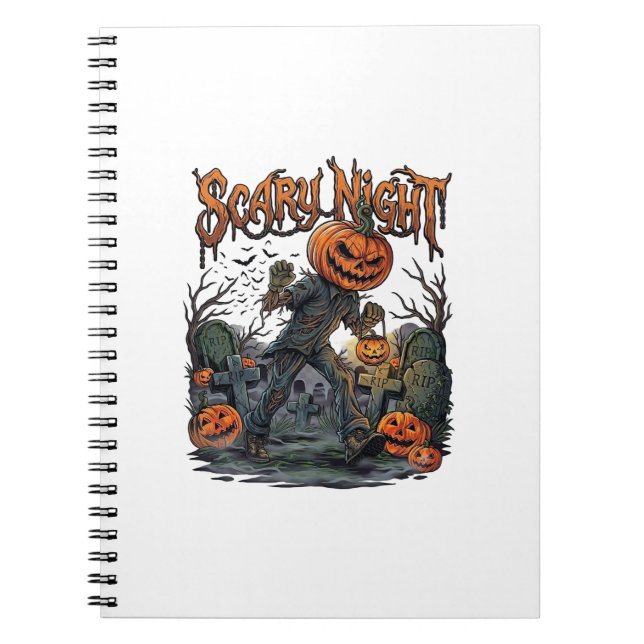 Scary Night Pumpkin Head Monster Lantern Graveyard Notebook (Front)