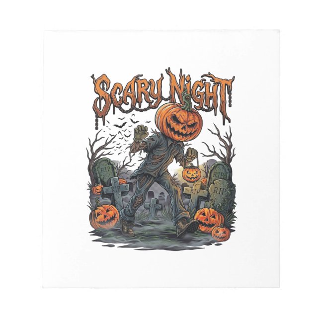 Scary Night Pumpkin Head Monster Lantern Graveyard Notepad (Front)