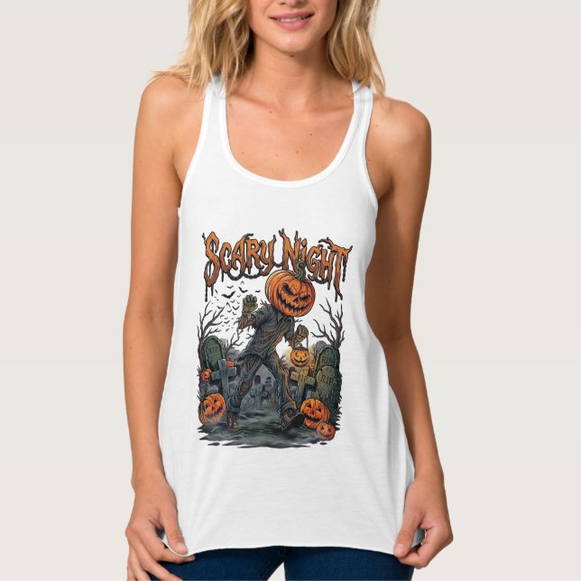 Scary Night Pumpkin Head Monster Lantern Graveyard Singlet (Front)
