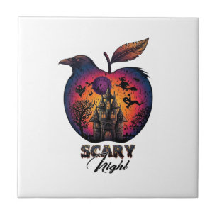 Scary Night Raven Apple Spooky Haunted Castle Hall Tile