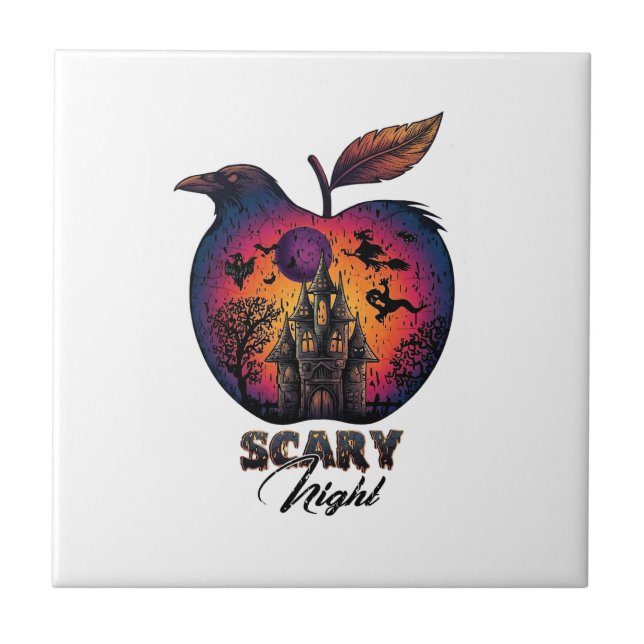 Scary Night Raven Apple Spooky Haunted Castle Hall Tile (Front)