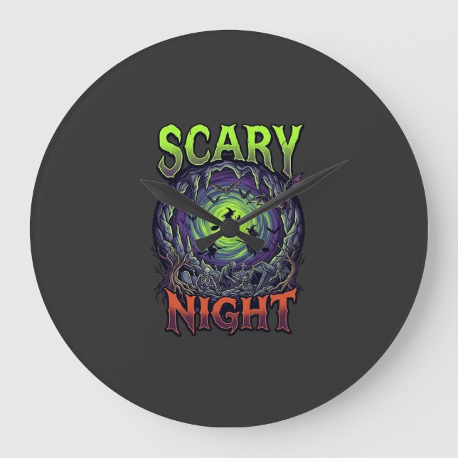 Scary Night Witches Bat Cave Neon Vortex Skeletons Large Clock (Front)