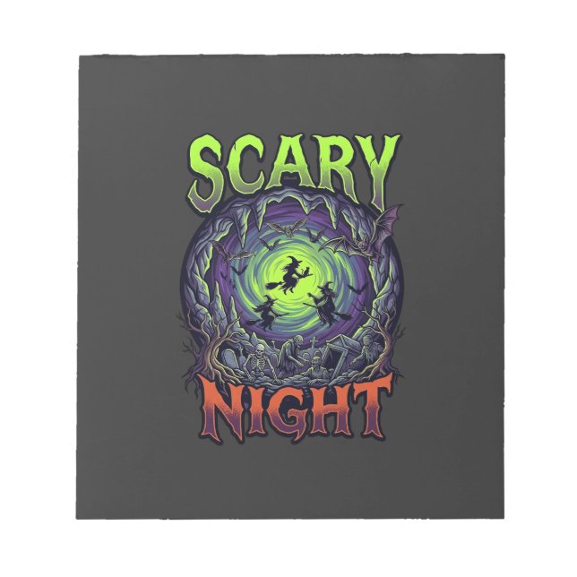 Scary Night Witches Bat Cave Neon Vortex Skeletons Notepad (Front)