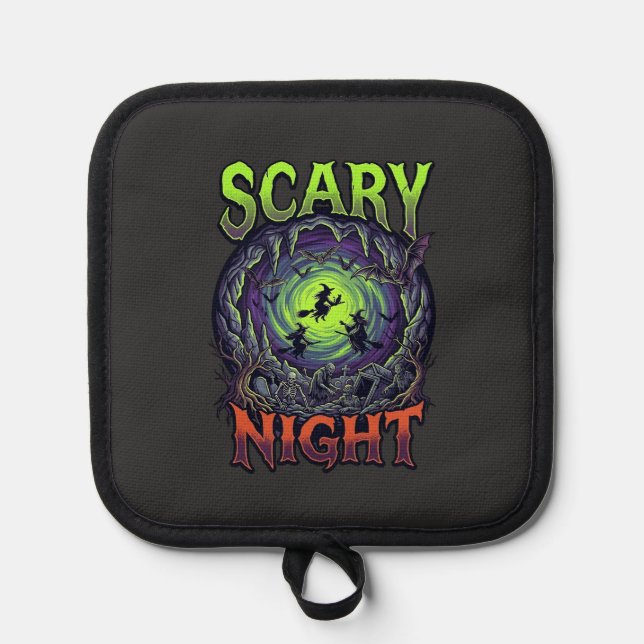 Scary Night Witches Bat Cave Neon Vortex Skeletons Pot Holder (Front)