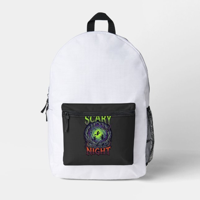 Scary Night Witches Bat Cave Neon Vortex Skeletons Printed Backpack (Front)