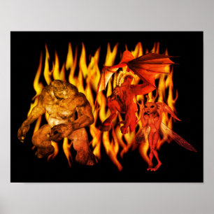Scary Ogre And Demons In Flames Poster