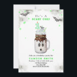Scary One Green Ghost Milkshake 1st Birthday Invitation<br><div class="desc">Scary One ghost 1st birthday party theme featuring watercolor illustration of a halloween themed mason jar ghost milkshake topped with green sprinkles,  bat,  and "1" candle topper with green straw.  Border features grey watercolor designs,  green confetti,  and bats.</div>