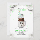 Scary One Green Ghost Milkshake 1st Birthday Invitation<br><div class="desc">Scary One ghost 1st birthday party theme featuring watercolor illustration of a halloween themed mason jar ghost milkshake topped with green sprinkles,  bat,  and "1" candle topper with green straw.  Border features grey watercolor designs,  green confetti,  and bats.</div>