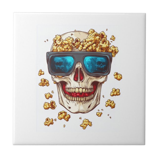 Scary Popcorn Skull � Funny Horror Movie Skeleton Tile (Front)