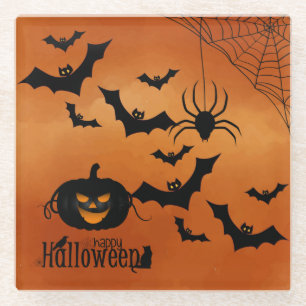 Scary Pumpkin And Bats Glass Coaster