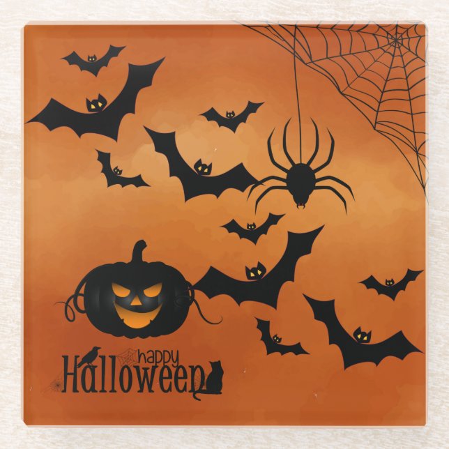 Scary Pumpkin And Bats Glass Coaster (Front)