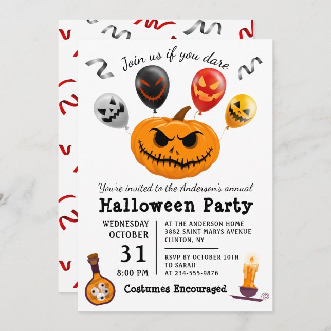Scary Pumpkin Balloon Monster Halloween Party Invitation (Front/Back)
