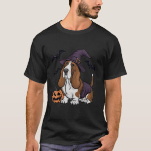 Scary Pumpkin Bat Funny Witch Hat Basset Hound Dog T-Shirt
