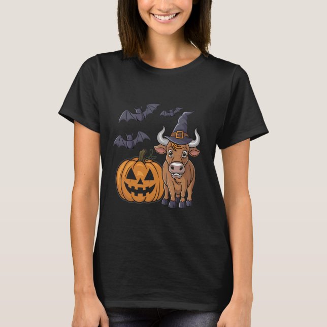 Scary Pumpkin Bat Funny Witch Hat Bison Halloween T-Shirt (Front)